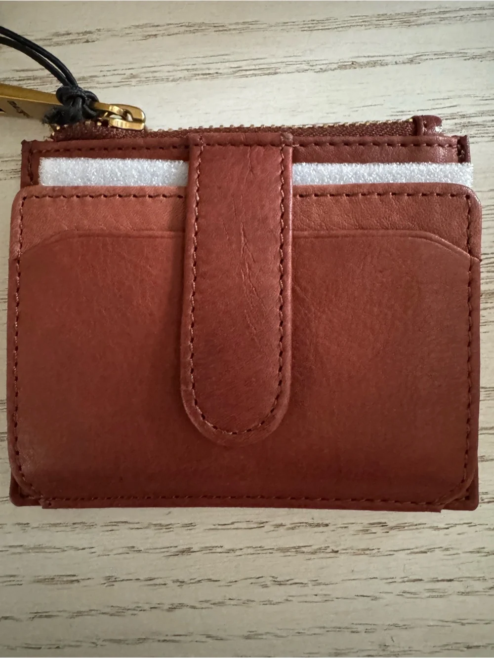 margot Leather Card Wallet in Rust Brown with Gold Zipper Pull